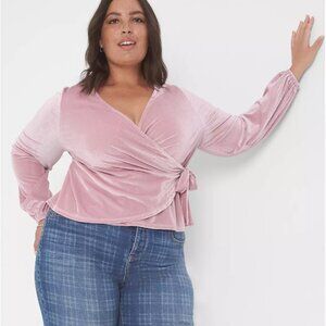 Lane Bryant 26/28 4X Classic Blouson Sleeve Surplice‎ Tie Velour Top Ribbed Pink